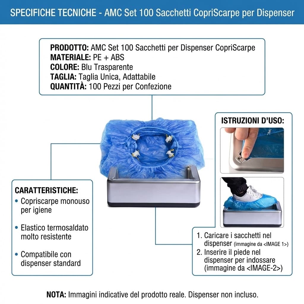Specifiche AMC Set 100 Sacchetti per Dispenser CopriScarpe, ABS, Blu, Taglia Unica