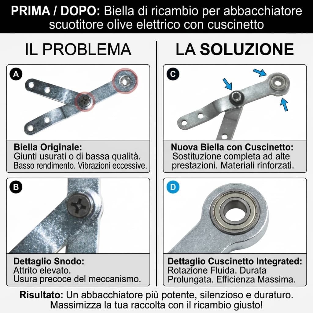 Prima e dopo Biella di ricambio per abbacchiatore scuotitore olive elettrico con cuscinetto