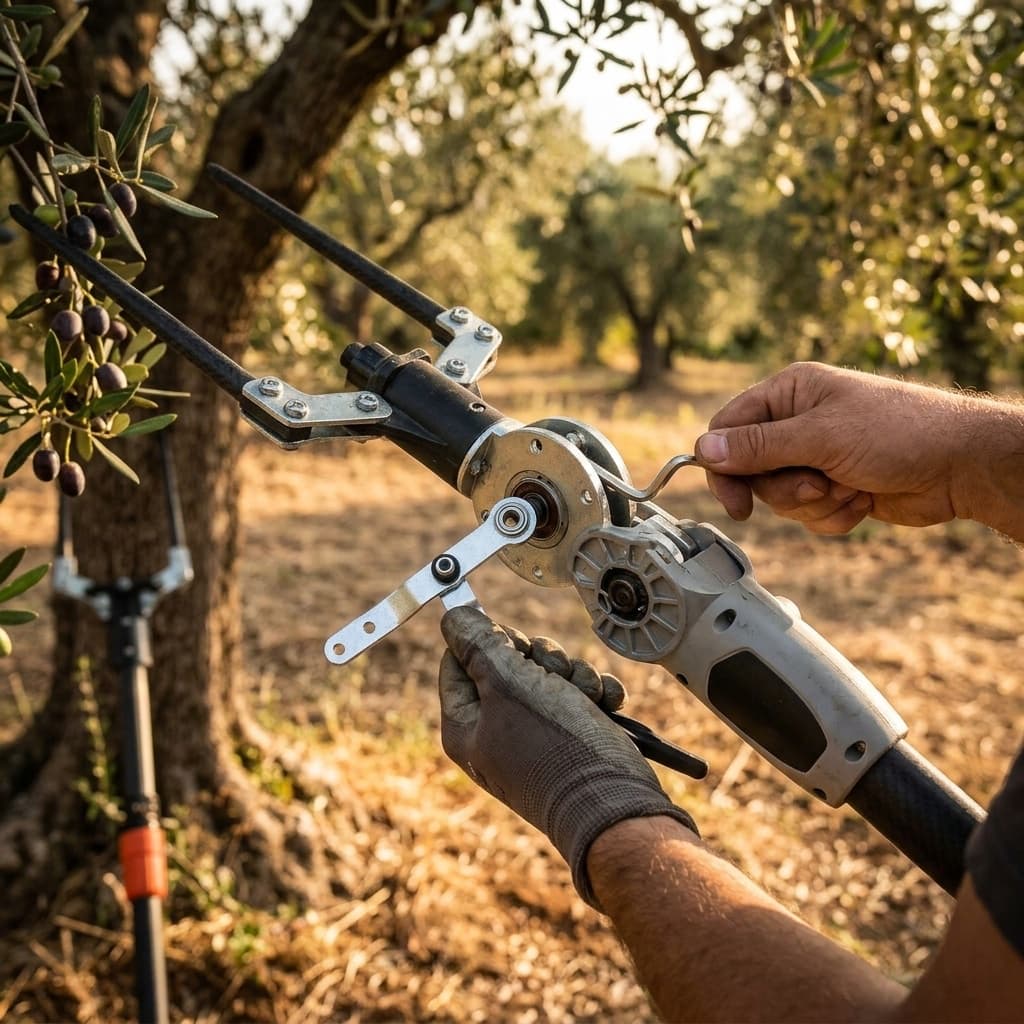 Biella di ricambio per abbacchiatore scuotitore olive elettrico con cuscinetto in uso