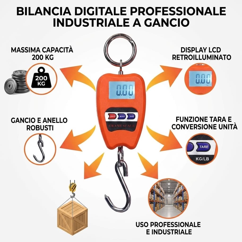 Benefici Bilancia Digitale Professionale Industriale Gancio Dinamometro Molla 200 kg