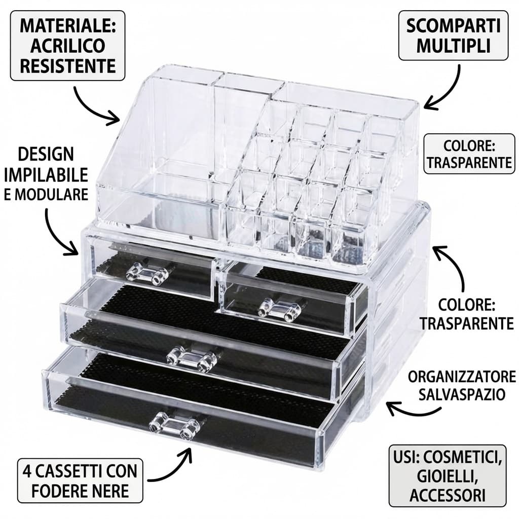 Specifiche Box Portatrucco Organizzatore Cosmetici Portagioie Make up 4 Cassetti