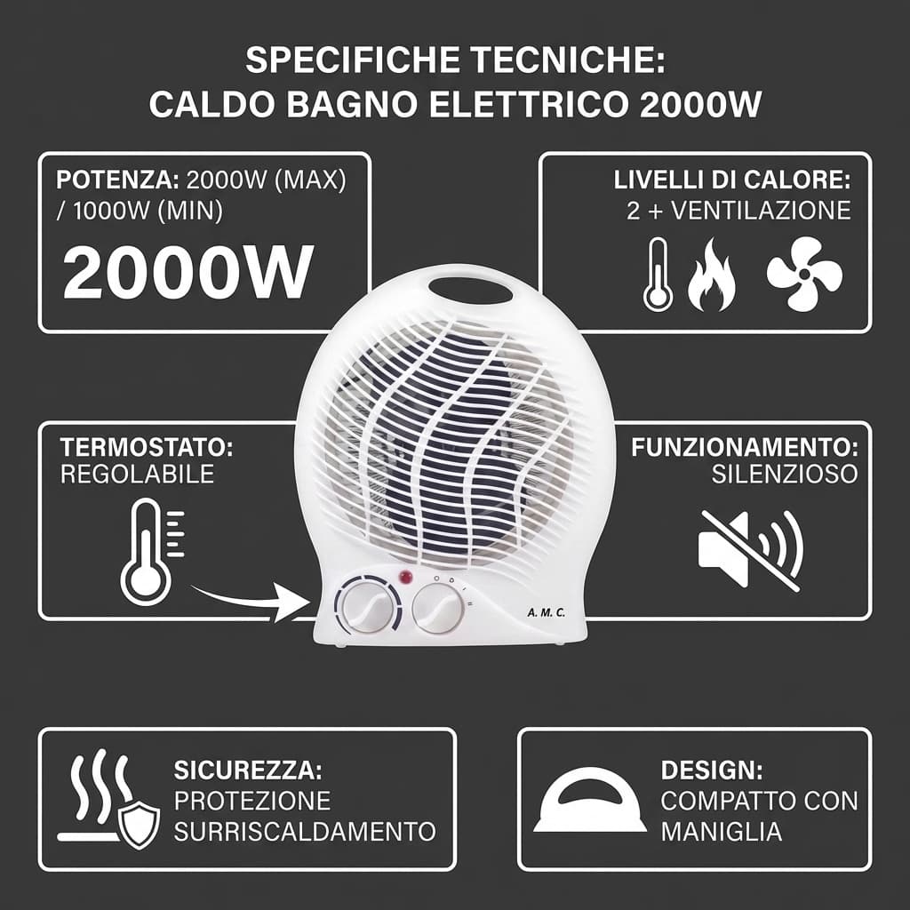 Specifiche Caldo Bagno Elettrico 2000W Termoventilatore Riscaldamento Silenzioso 2 Potenze