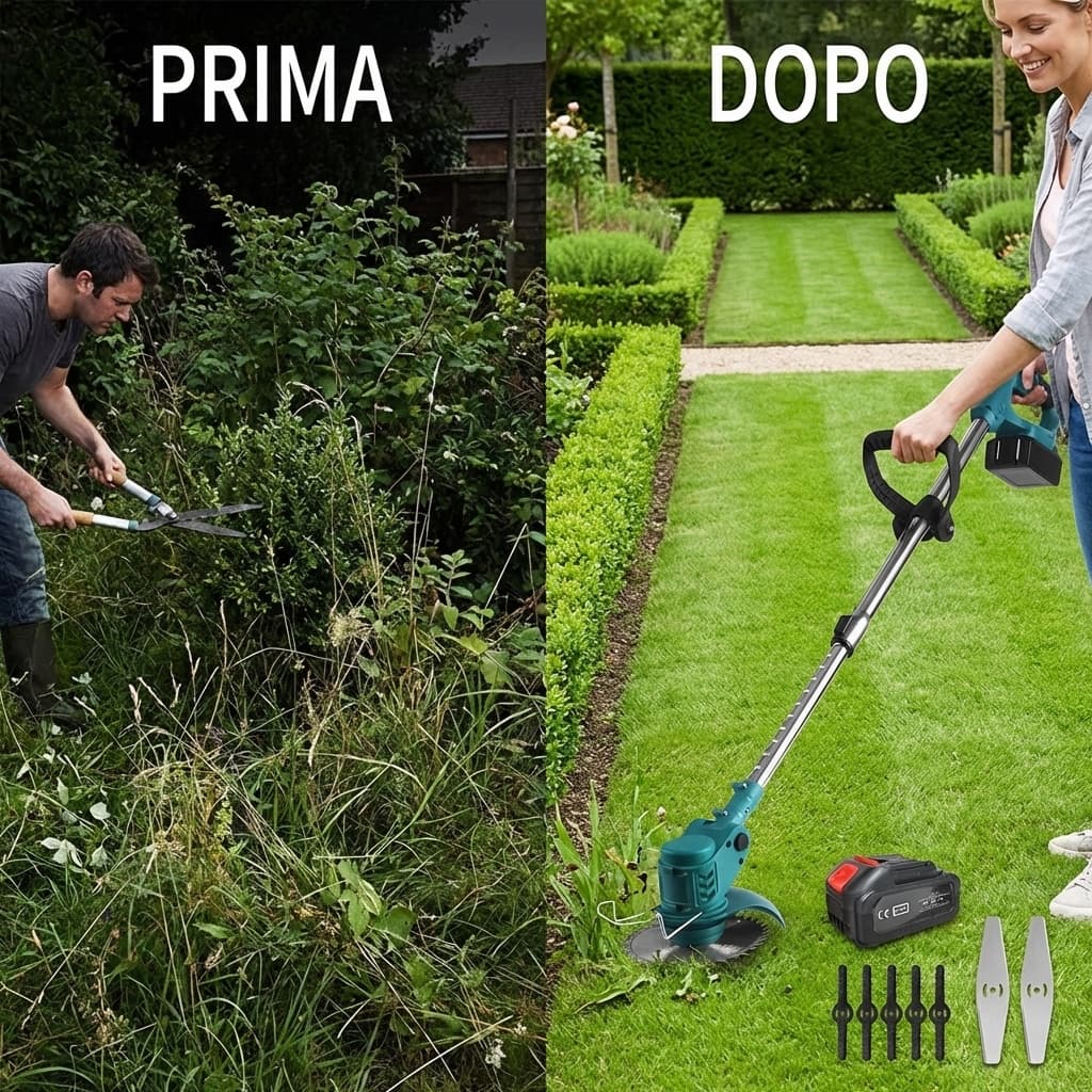 Prima e dopo Decespugliatore a Batteria Tagliabordi Testata Regolabile e Maniglia Telescopica