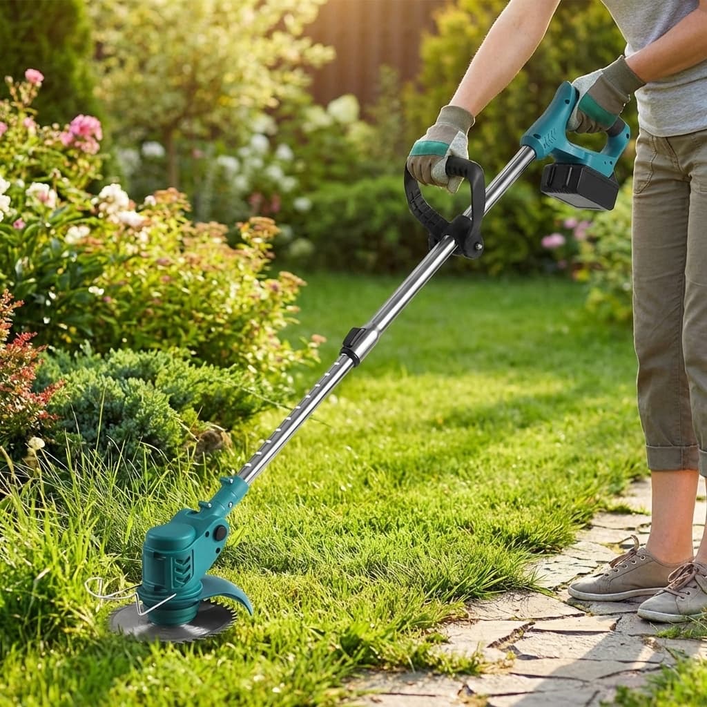 Decespugliatore a Batteria Tagliabordi Testata Regolabile e Maniglia Telescopica in uso