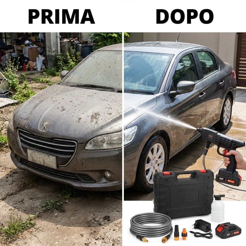 Prima e dopo Idropulitrice Portatile a Batteria Cleaning Gun | Kit Completo con Valigetta | Alta Pressione 48V
