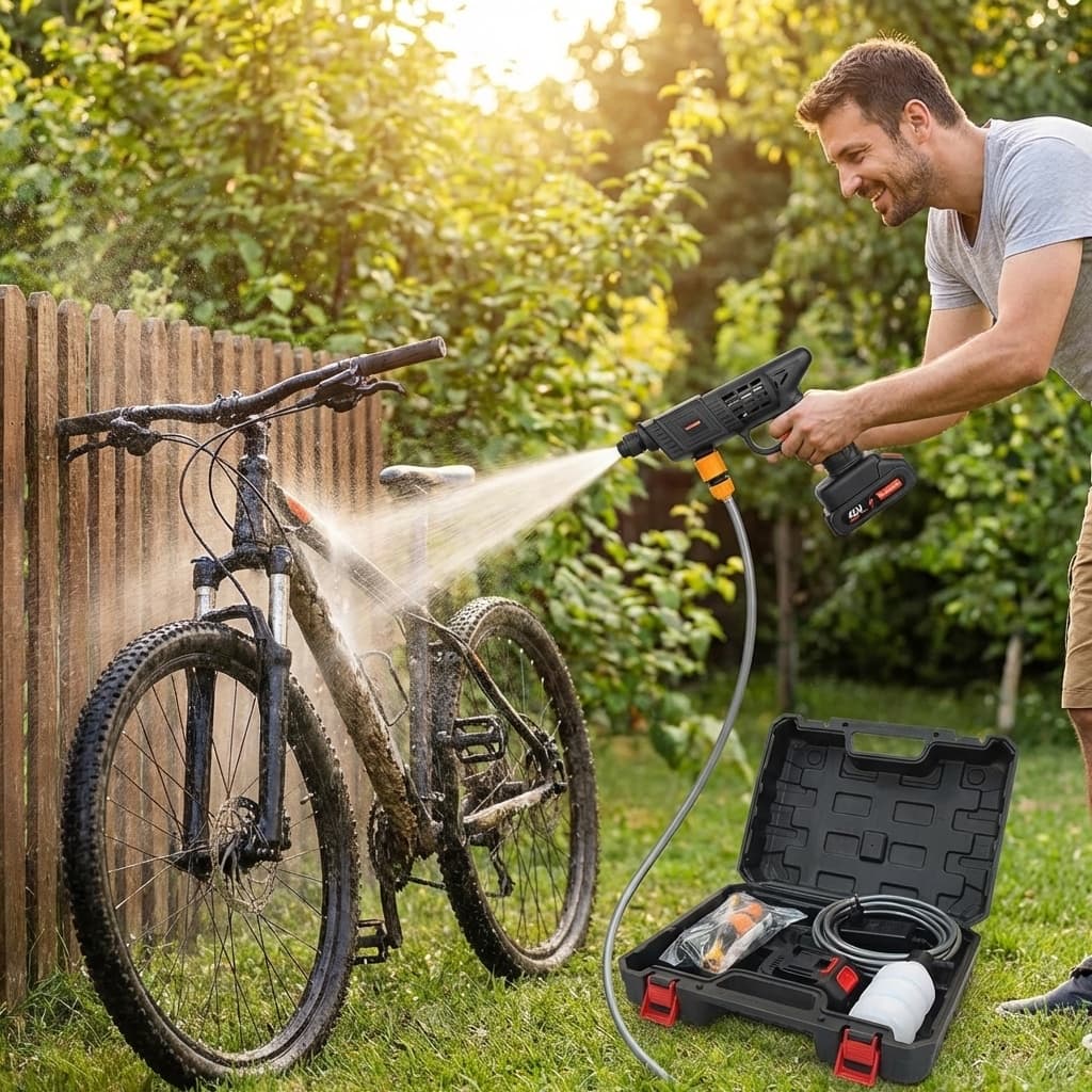 Idropulitrice Portatile a Batteria Cleaning Gun | Kit Completo con Valigetta | Alta Pressione 48V in uso