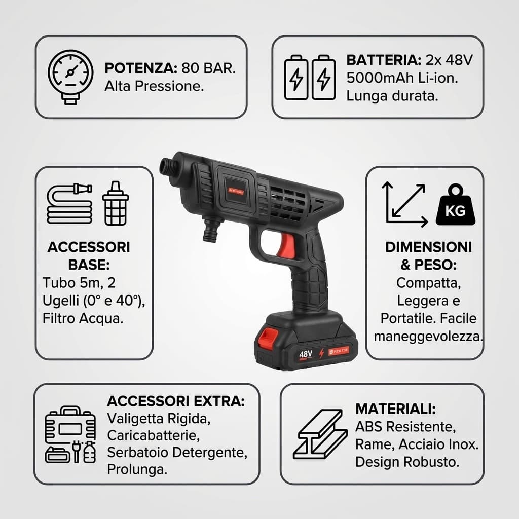Specifiche Idropulitrice Portatile a Batteria Cleaning Gun | Kit Completo con Valigetta | Alta Pressione 48V