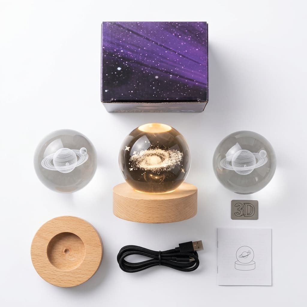Lampada Notturna 3D Crystal Ball | Sfera in Cristallo con Base in Legno e Luce Calda - foto 1