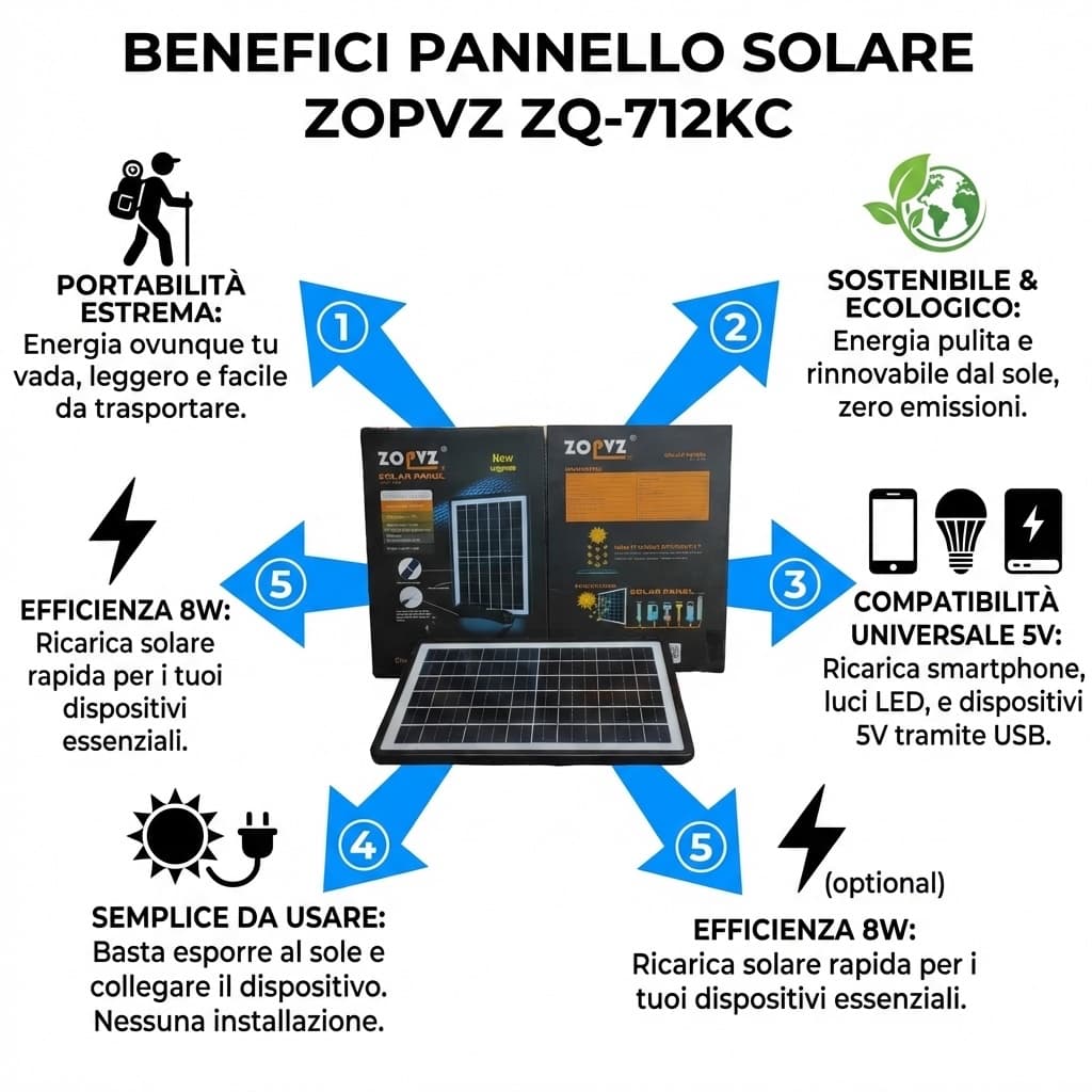 Benefici Pannello solare portatile da 8W – ricarica USB per smartphone, luci LED e dispositivi 5V