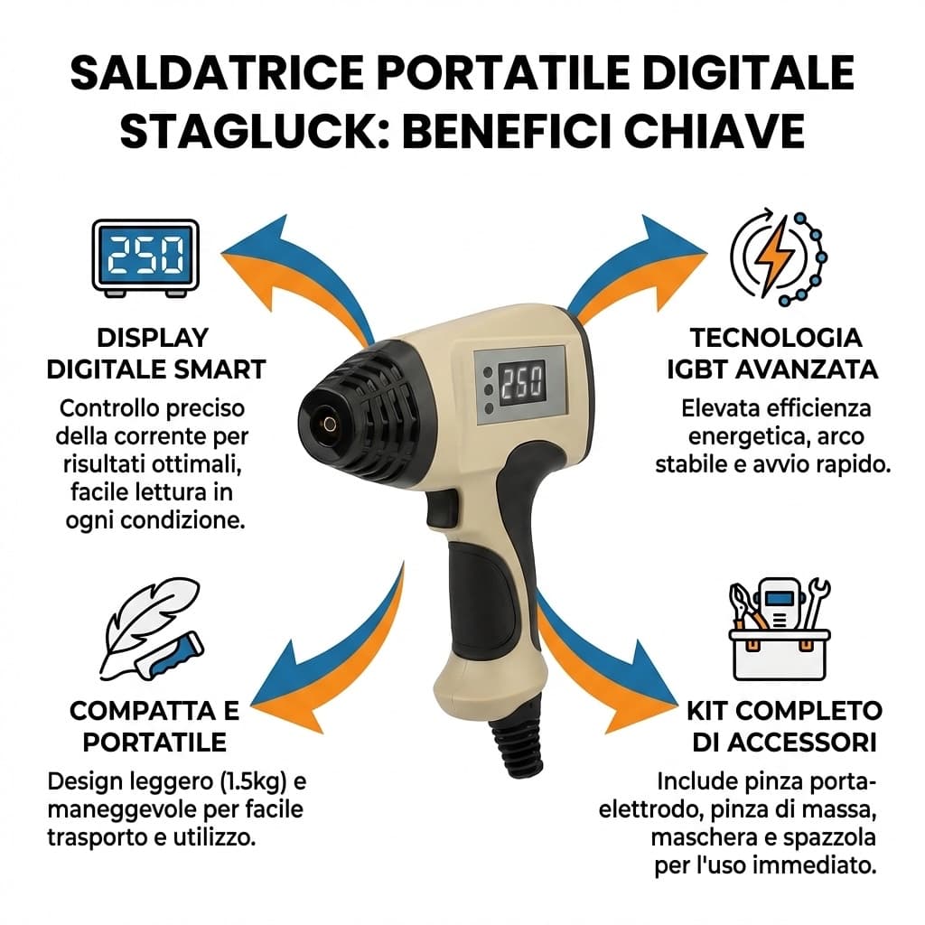 Benefici Saldatrice Portatile Digitale STAGLUCK – Display Smart | 220V | Tecnologia Inverter | Compatta e Leggera | Saldatura Professionale Rapida e Precisa