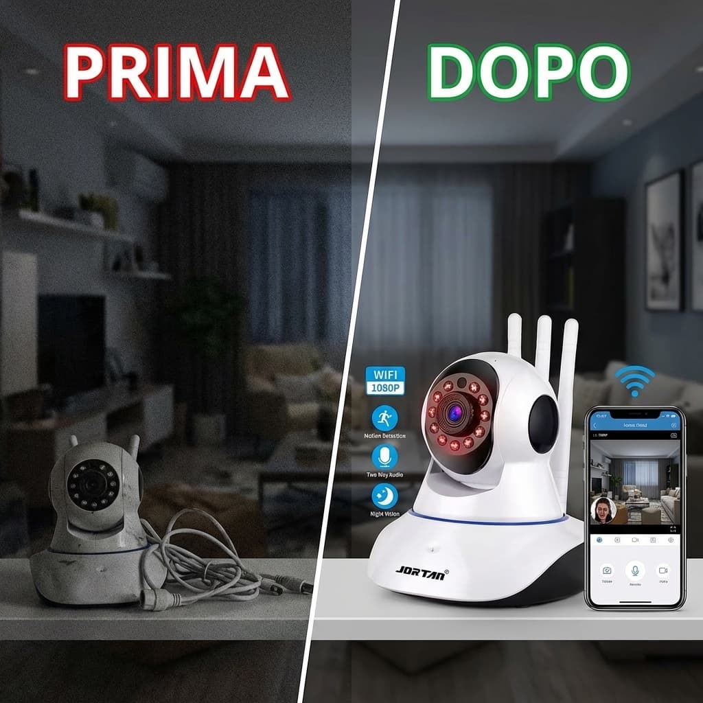 Prima e dopo Telecamera WiFi 1080P JORTAN | Visione Notturna, Audio Bidirezionale e Rotazione Panoramica 355° – 3 Antenne WiFi