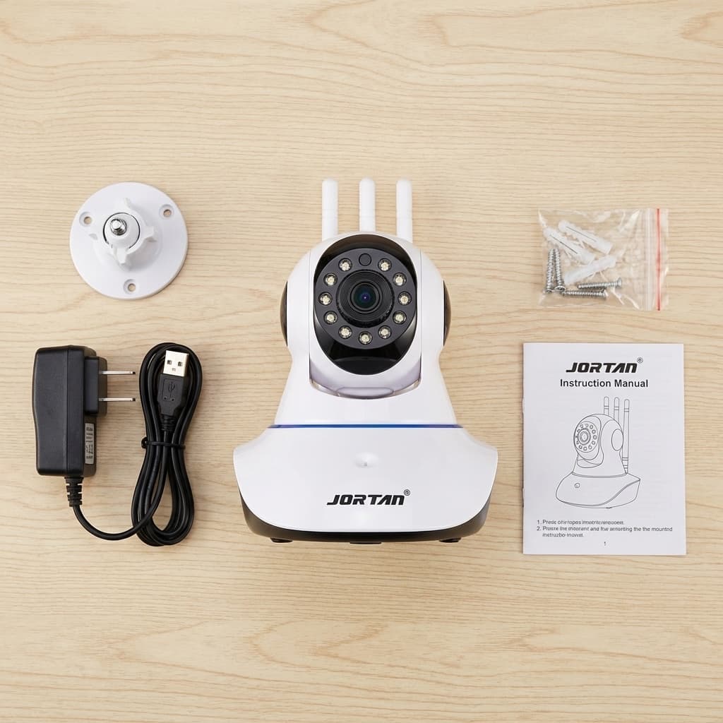 Contenuto confezione Telecamera WiFi 1080P JORTAN | Visione Notturna, Audio Bidirezionale e Rotazione Panoramica 355° – 3 Antenne WiFi